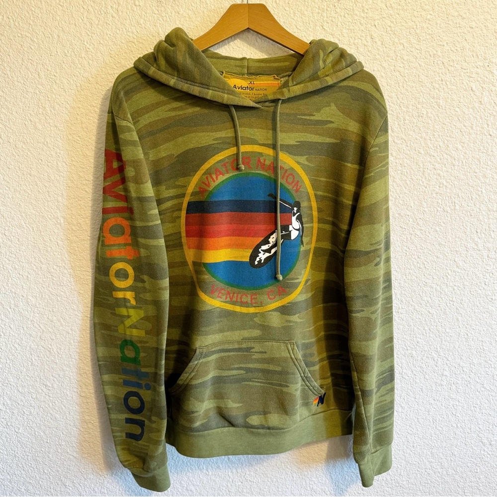 Aviator Nation Venice Beach California Camo Rainbow Logo Drawstring Hoodie XL
